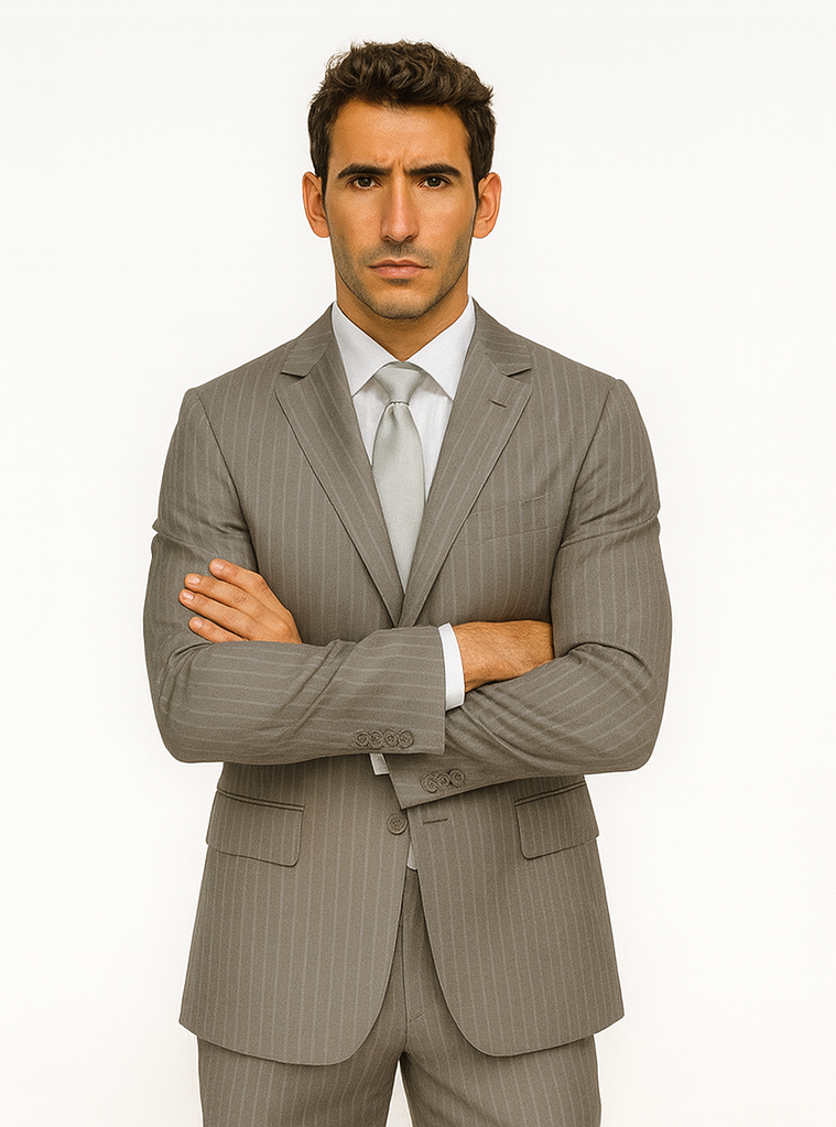 Men's Two Buttons Light Grey Stripe ~ Pinstripe Suit No Pleated Pants Side Vent Regular fit