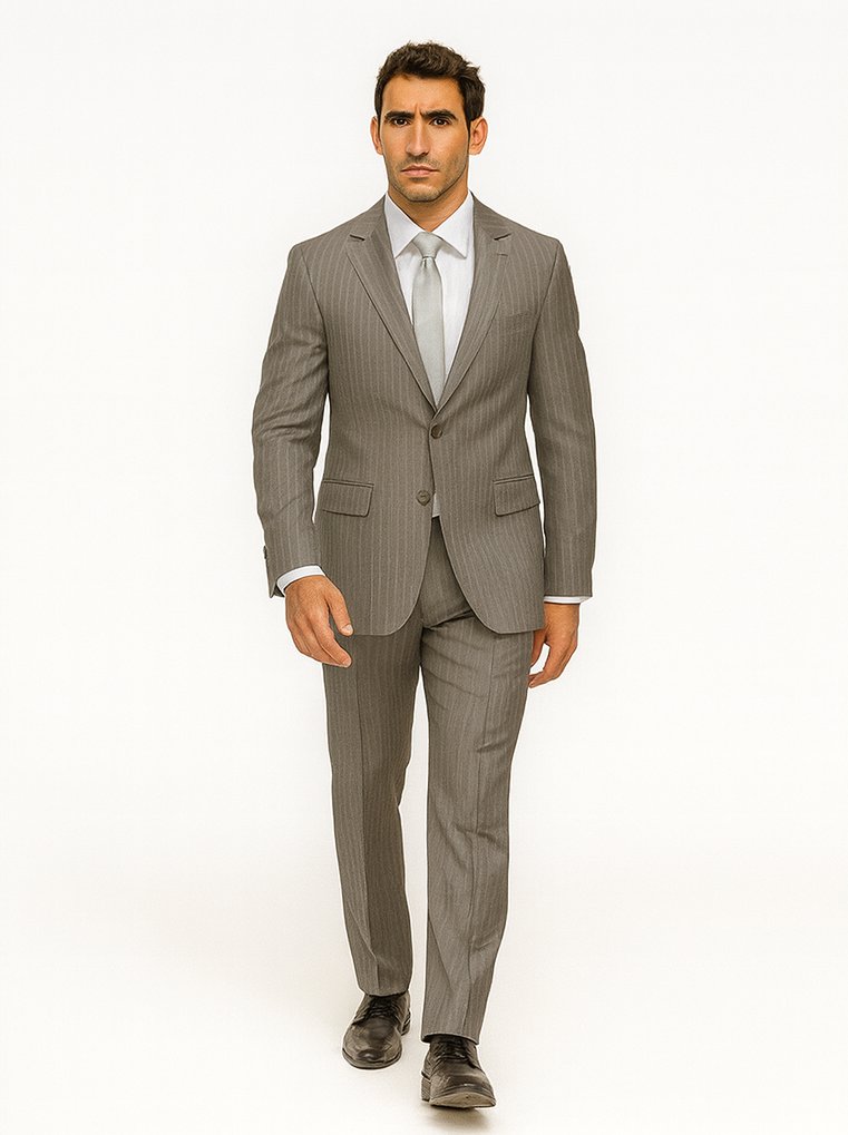 Men's Two Buttons Light Grey Stripe ~ Pinstripe Suit No Pleated Pants Side Vent Regular fit