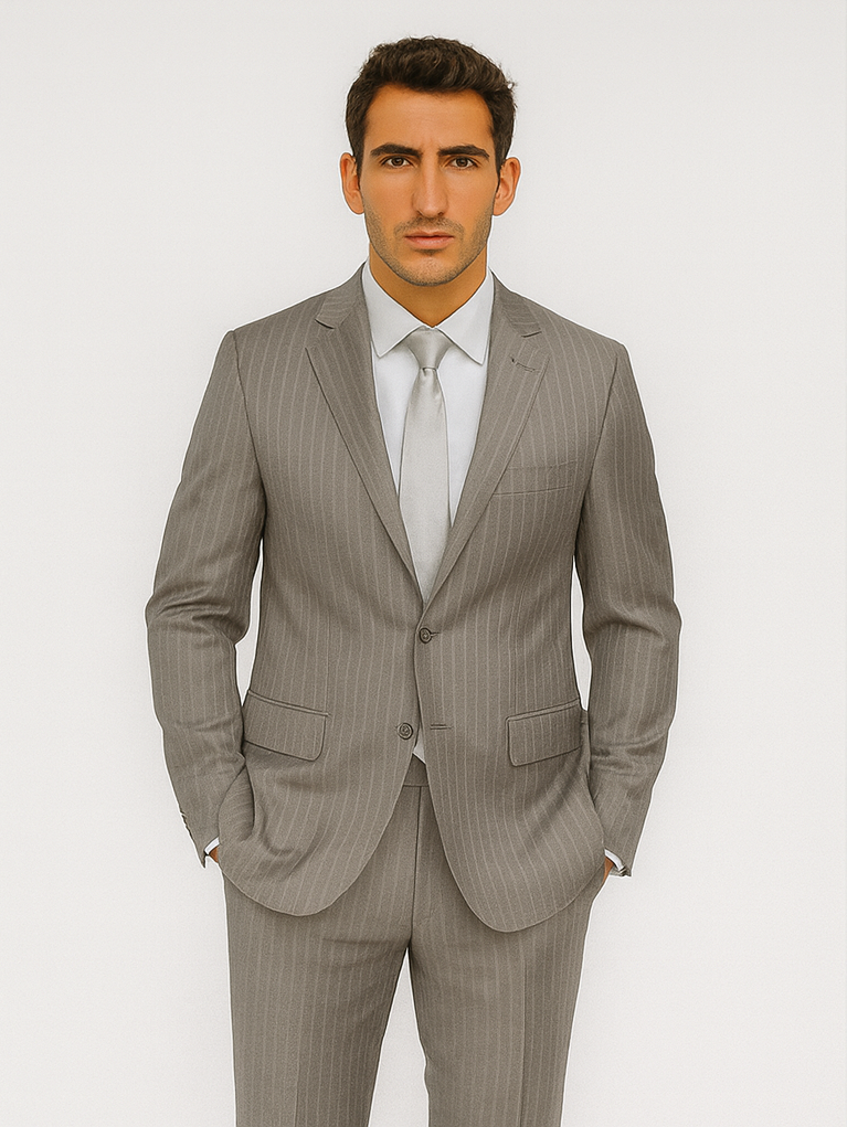 Men's Two Buttons Light Grey Stripe ~ Pinstripe Suit No Pleated Pants Side Vent Regular fit