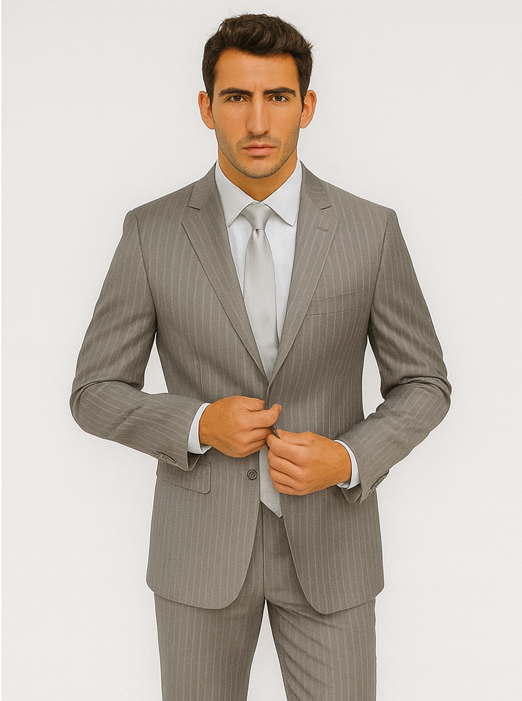 Men's Two Buttons Light Grey Stripe ~ Pinstripe Suit No Pleated Pants Side Vent Regular fit
