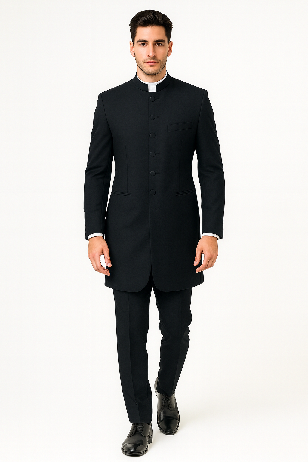 Men's Two Piece Mandarin Collar Black 6 Button Long Jacket - Men's Preaching Jacket