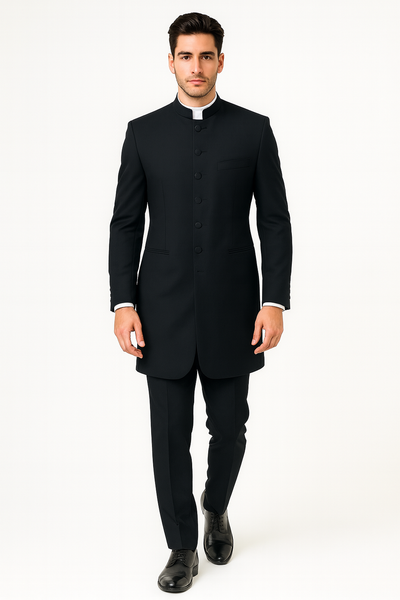 Men's Two Piece Mandarin Collar Black 6 Button Long Jacket - Men's Preaching Jacket