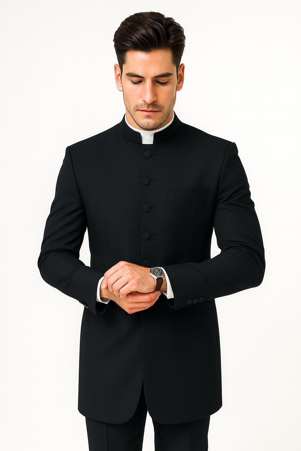 Men's Two Piece Mandarin Collar Black 6 Button Long Jacket - Men's Preaching Jacket