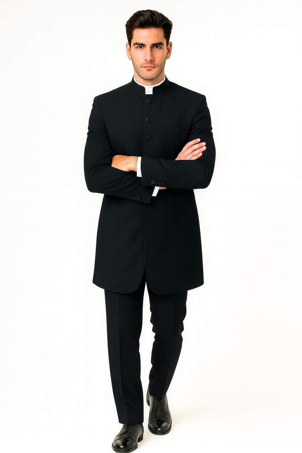 Men's Two Piece Mandarin Collar Black 6 Button Long Jacket - Men's Preaching Jacket