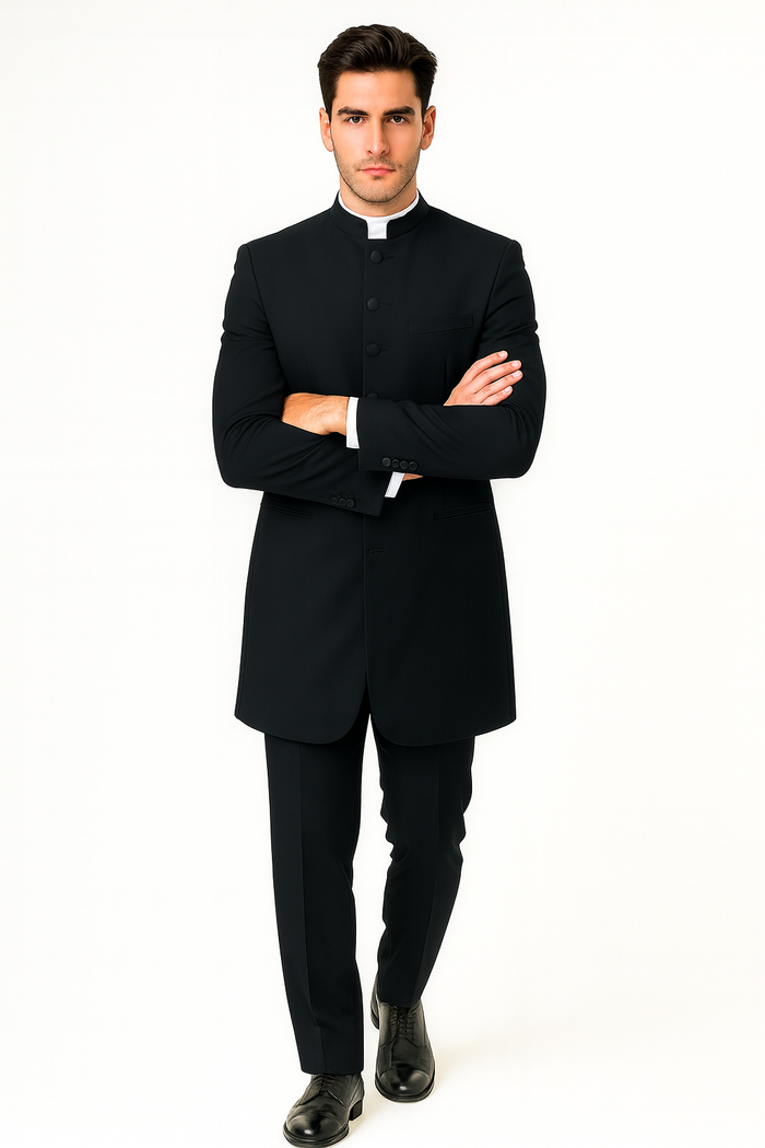 Men's Two Piece Mandarin Collar Black 6 Button Long Jacket - Men's Preaching Jacket