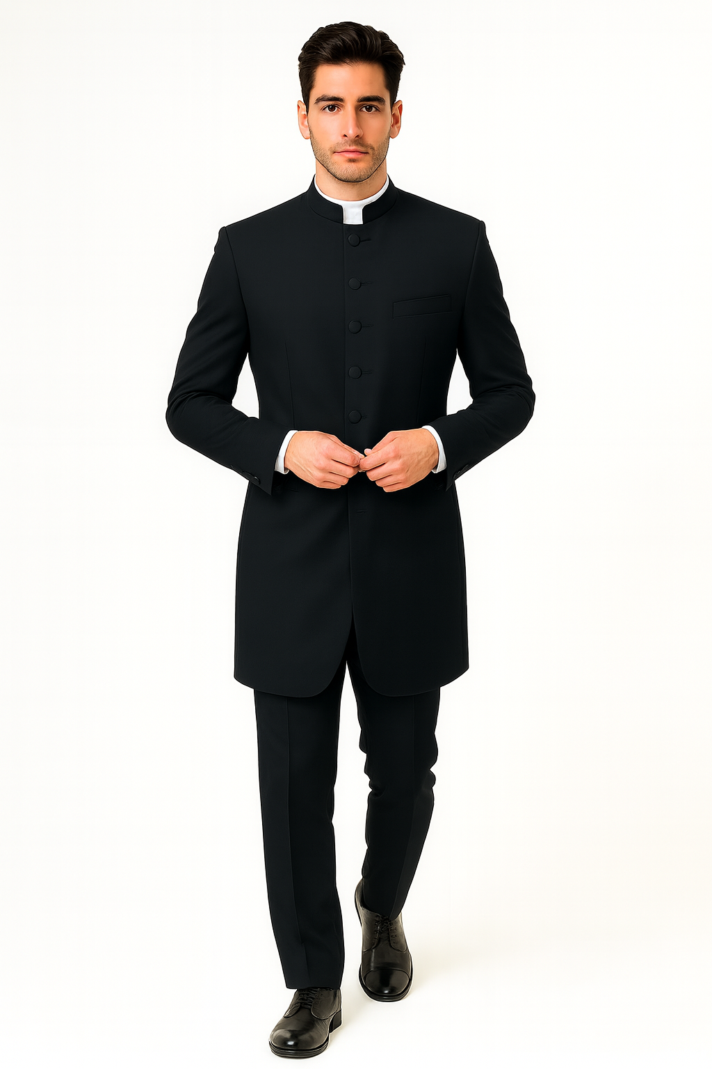 Men's Two Piece Mandarin Collar Black 6 Button Long Jacket - Men's Preaching Jacket