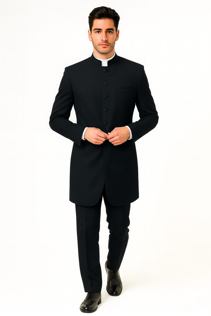 Men's Two Piece Mandarin Collar Black 6 Button Long Jacket - Men's Preaching Jacket