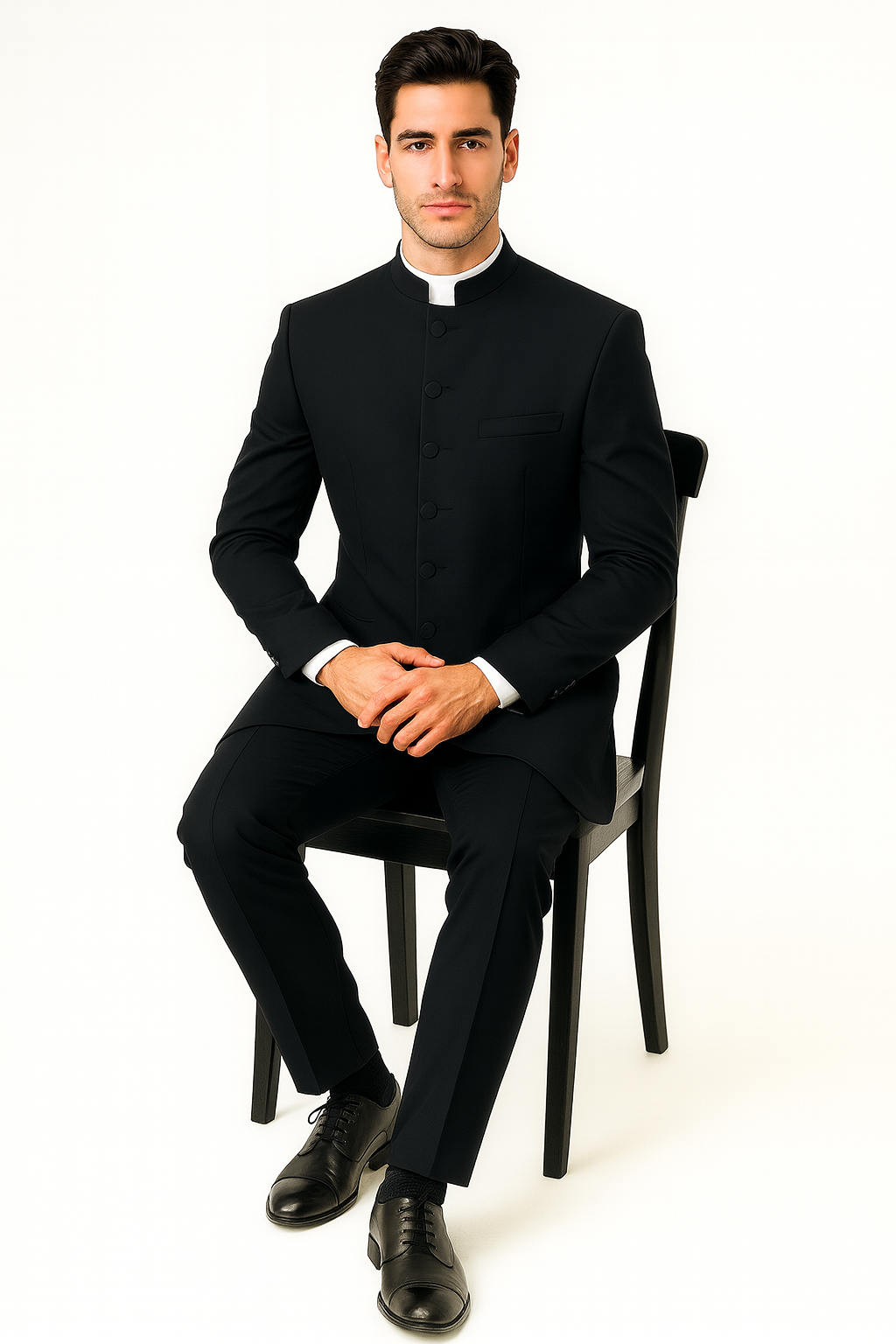 Men's Two Piece Mandarin Collar Black 6 Button Long Jacket - Men's Preaching Jacket