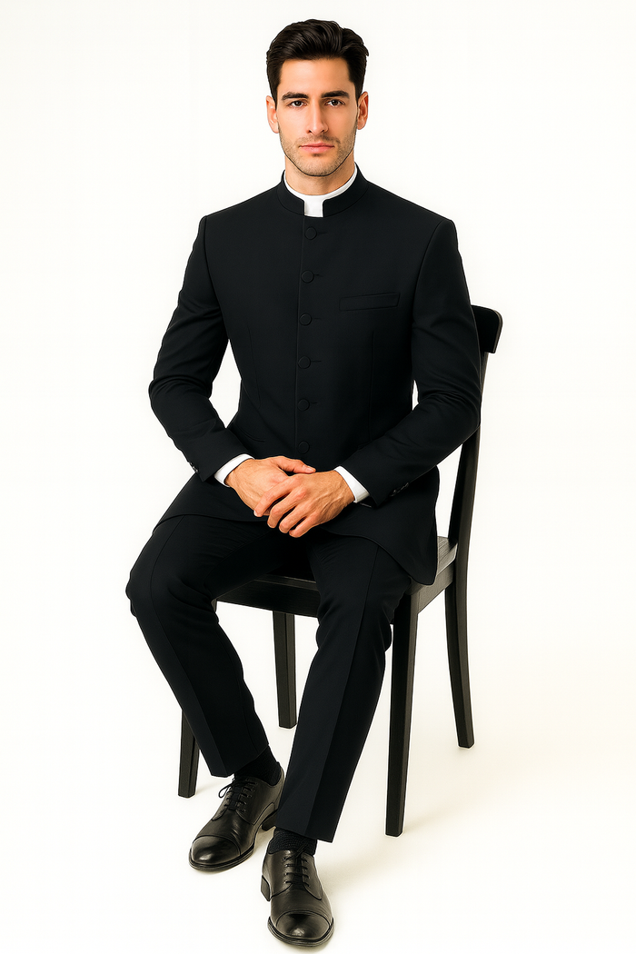 Men's Two Piece Mandarin Collar Black 6 Button Long Jacket - Men's Preaching Jacket