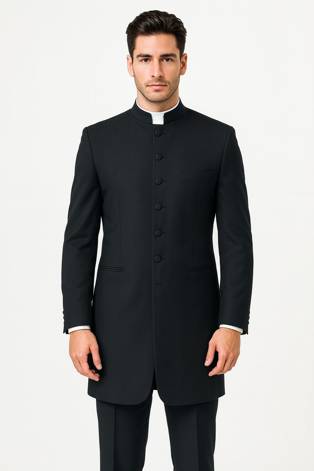 Men's Two Piece Mandarin Collar Black 6 Button Long Jacket - Men's Preaching Jacket