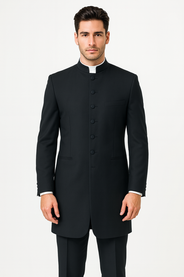 Men's Two Piece Mandarin Collar Black 6 Button Long Jacket - Men's Preaching Jacket