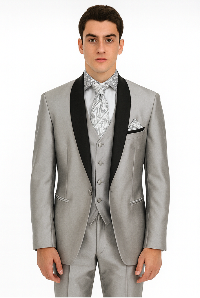 Men's Two Toned Tuxedo Trimmed Jacket And Suit Silver Grey