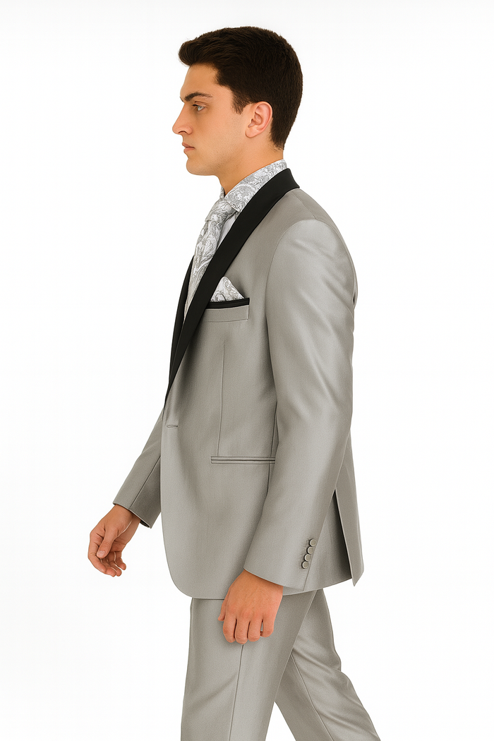 Men's Two Toned Tuxedo Trimmed Jacket And Suit Silver Grey