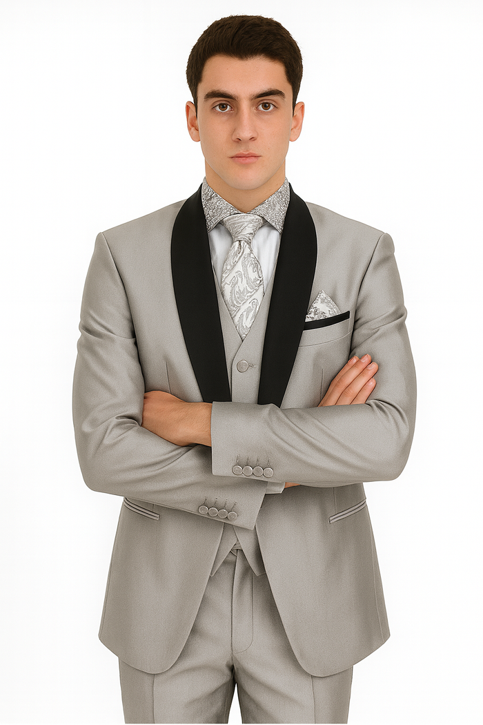 Men's Two Toned Tuxedo Trimmed Jacket And Suit Silver Grey