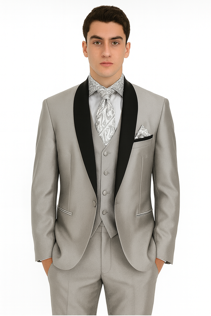 Men's Two Toned Tuxedo Trimmed Jacket And Suit Silver Grey
