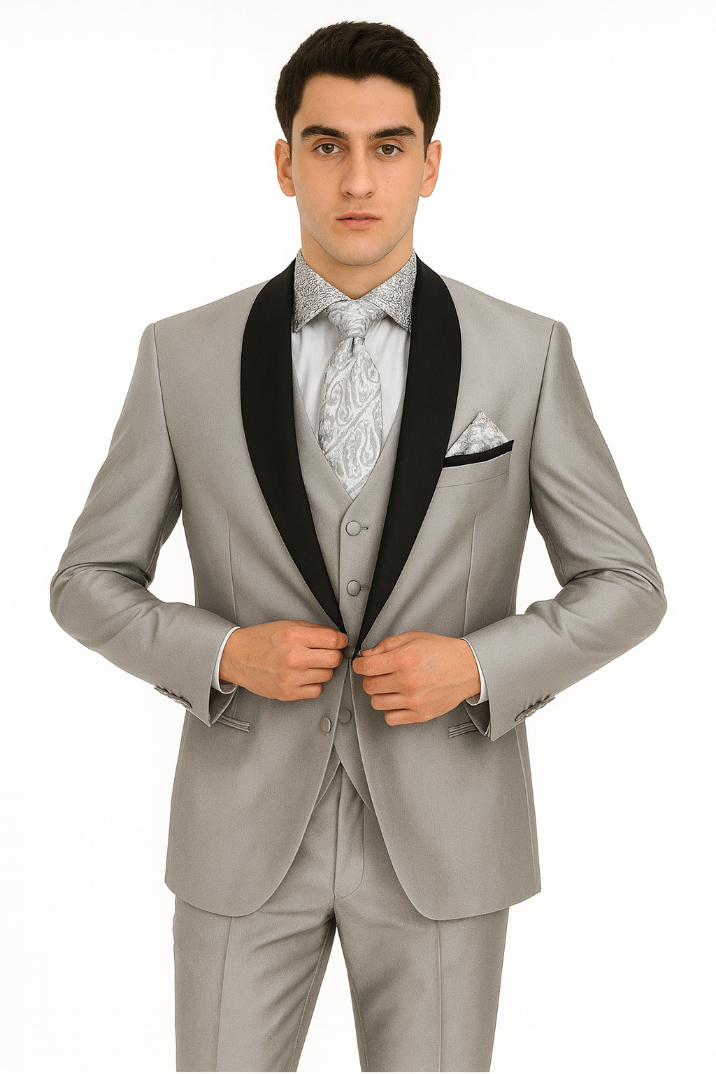 Men's Two Toned Tuxedo Trimmed Jacket And Suit Silver Grey