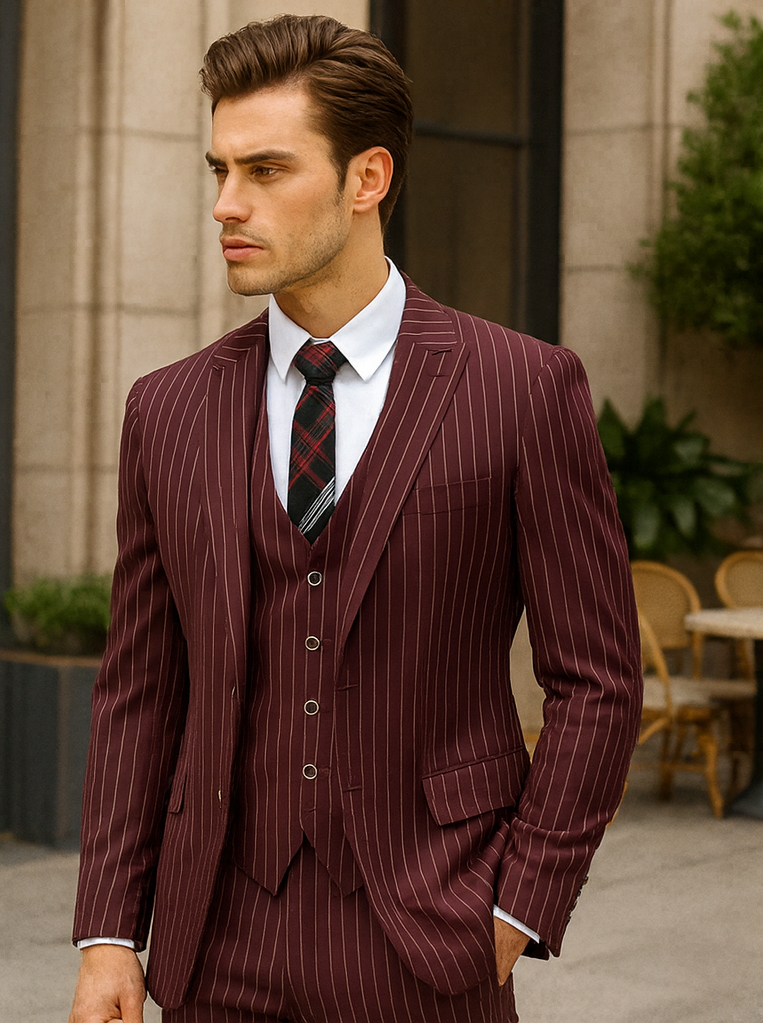 Burgundy 1920s Gangster Pinstripe Suit for Men