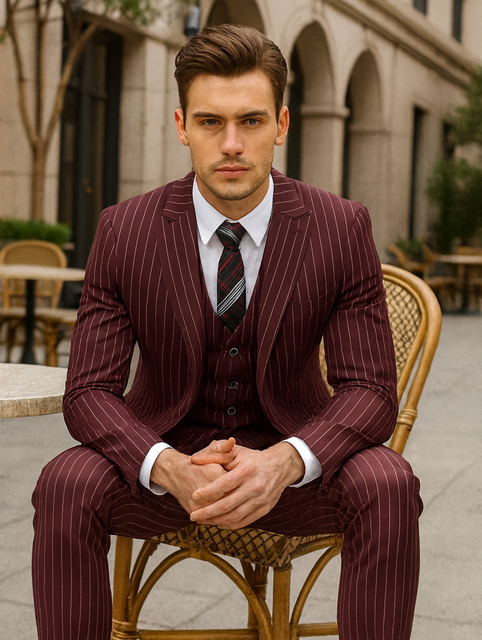 Burgundy 1920s Gangster Pinstripe Suit for Men
