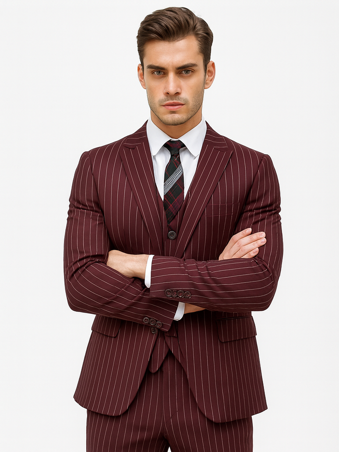 Burgundy 1920s Gangster Pinstripe Suit for Men