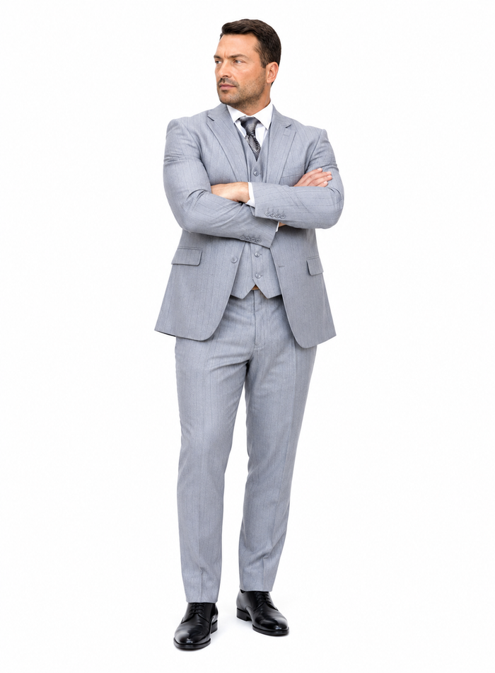 Grey Pinstripe Gatsby Vested Suit - Regular Fit