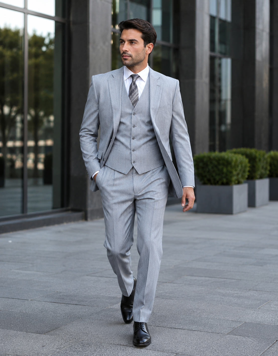 Grey Pinstripe Gatsby Vested Suit - Regular Fit