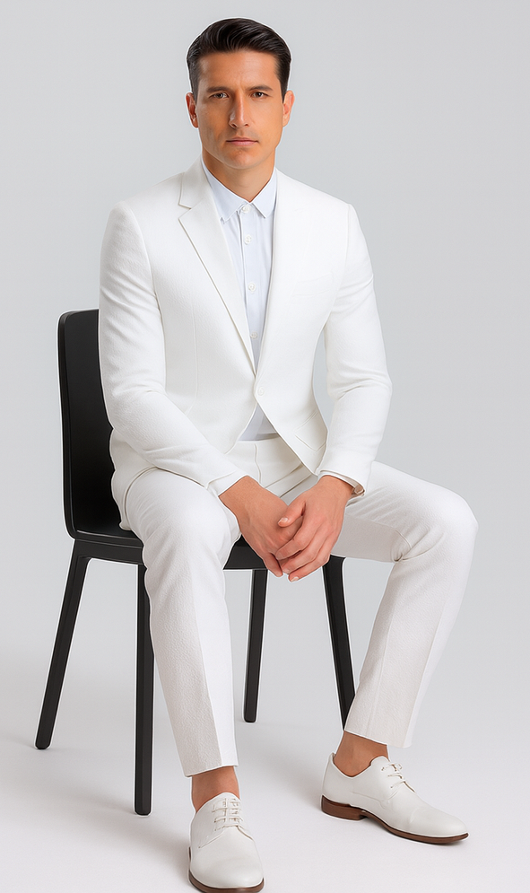 White Pinstripe Seersucker Jacket + Pants Suit for Men