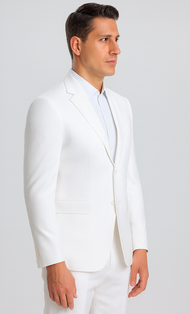 White Pinstripe Seersucker Jacket + Pants Suit for Men