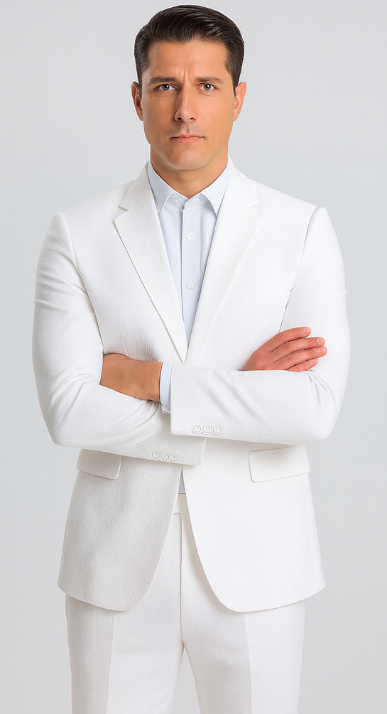 White Pinstripe Seersucker Jacket + Pants Suit for Men
