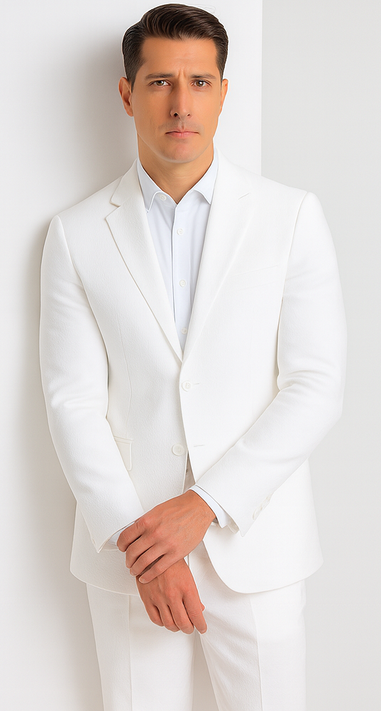 White Pinstripe Seersucker Jacket + Pants Suit for Men