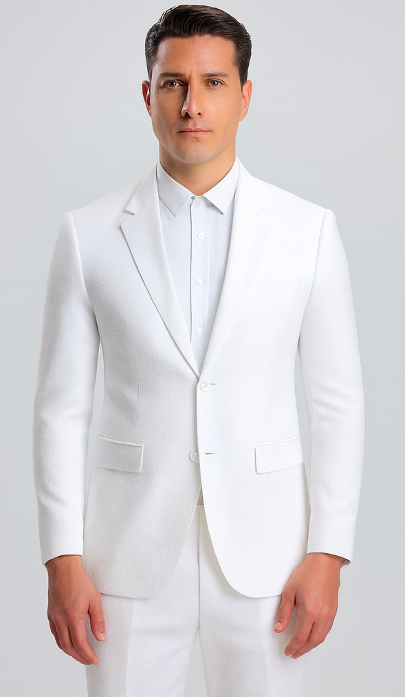 White Pinstripe Seersucker Jacket + Pants Suit for Men