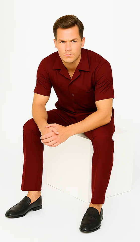 Burgundy Men's Casual Walking Suit Set