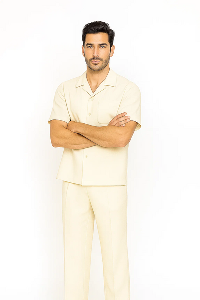 Cream Men's Walking Suit Set with Shirt and Pants