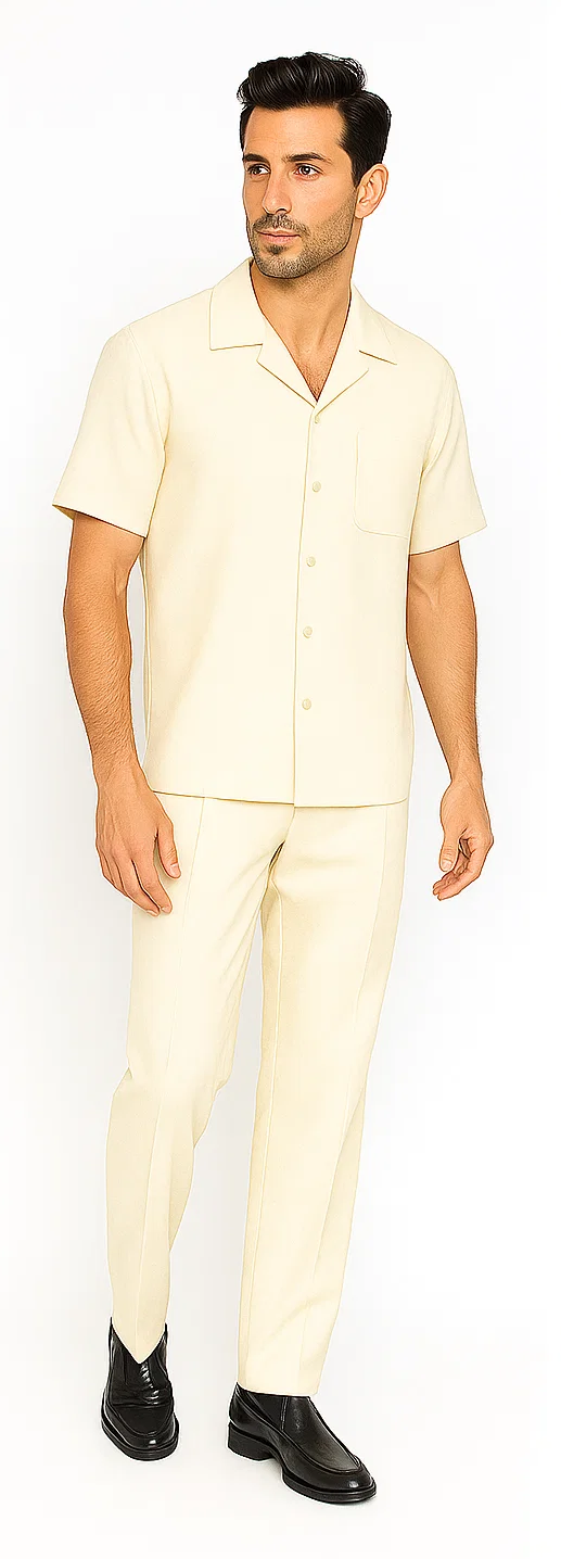 Cream Men's Walking Suit Set with Shirt and Pants