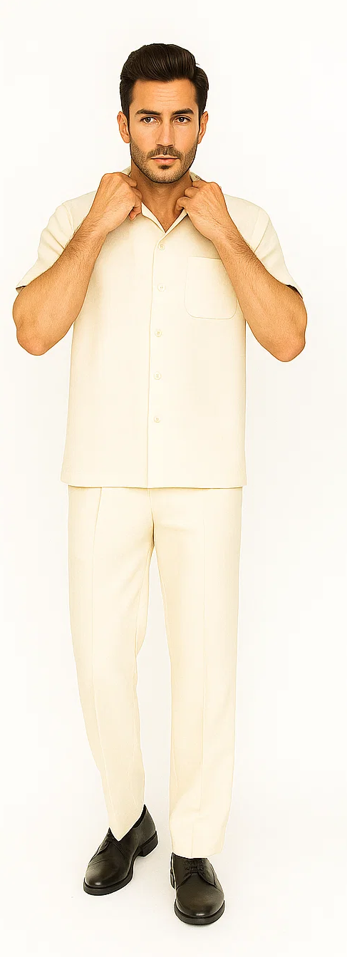 Cream Men's Walking Suit Set with Shirt and Pants