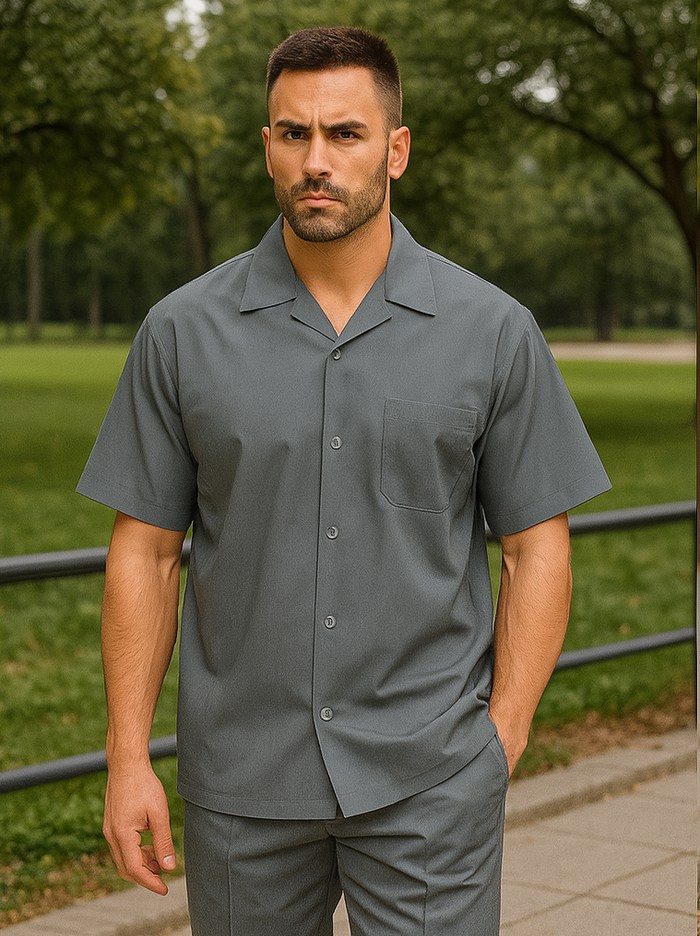 Mens walking suits casual two piece sets Summer Short Sleeve Shirt & Pants Casual Two Piece Mens Walking Outfit For Sale Pant Sets Casual Suit Set Men's Suit 100% Mens Linen Suit - Fabric – Light Grey