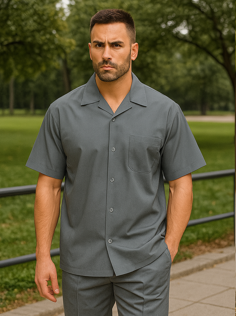 Mens walking suits casual two piece sets Summer Short Sleeve Shirt & Pants Casual Two Piece Mens Walking Outfit For Sale Pant Sets Casual Suit Set Men's Suit 100% Mens Linen Suit - Fabric – Light Grey