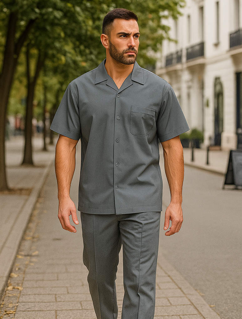 Mens walking suits casual two piece sets Summer Short Sleeve Shirt & Pants Casual Two Piece Mens Walking Outfit For Sale Pant Sets Casual Suit Set Men's Suit 100% Mens Linen Suit - Fabric – Light Grey