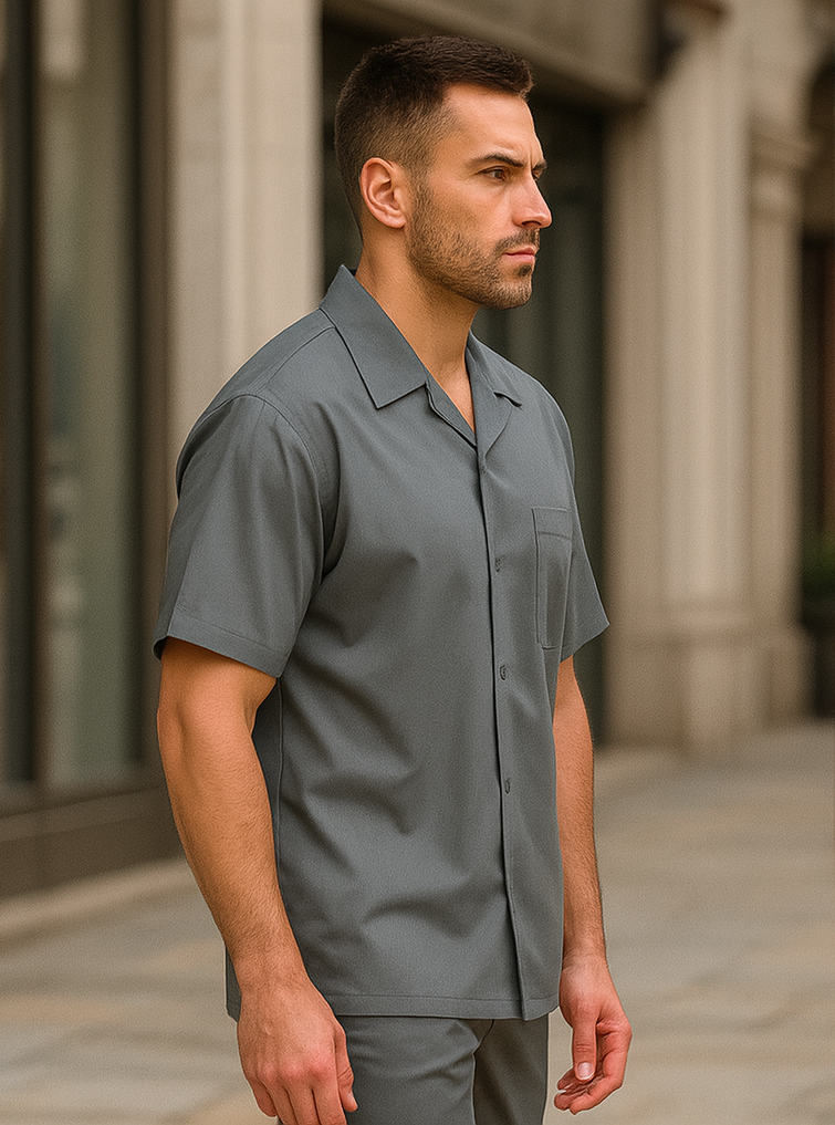 Mens walking suits casual two piece sets Summer Short Sleeve Shirt & Pants Casual Two Piece Mens Walking Outfit For Sale Pant Sets Casual Suit Set Men's Suit 100% Mens Linen Suit - Fabric – Light Grey