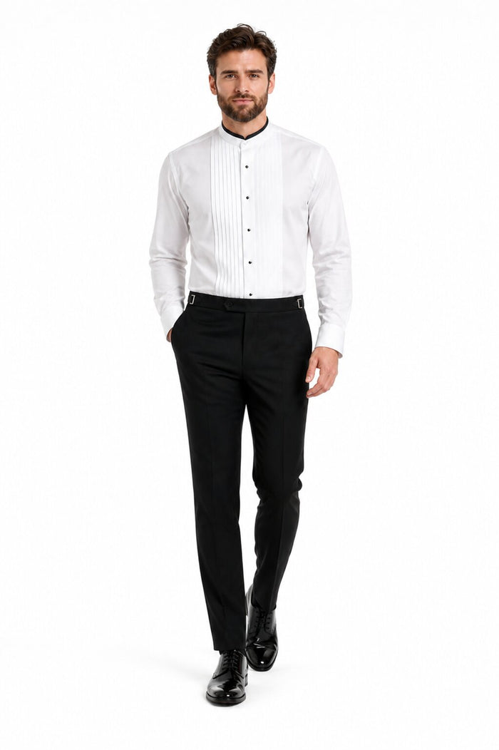 Black Banded Pleat Front Mandarin Shirt - White