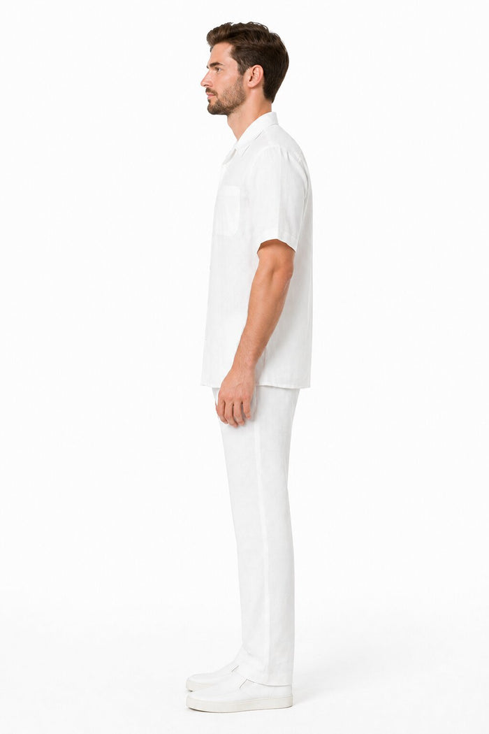 Men's Two Piece Shirt And White Casual Set Walking Leisure Suit - Mens Linen Suit
