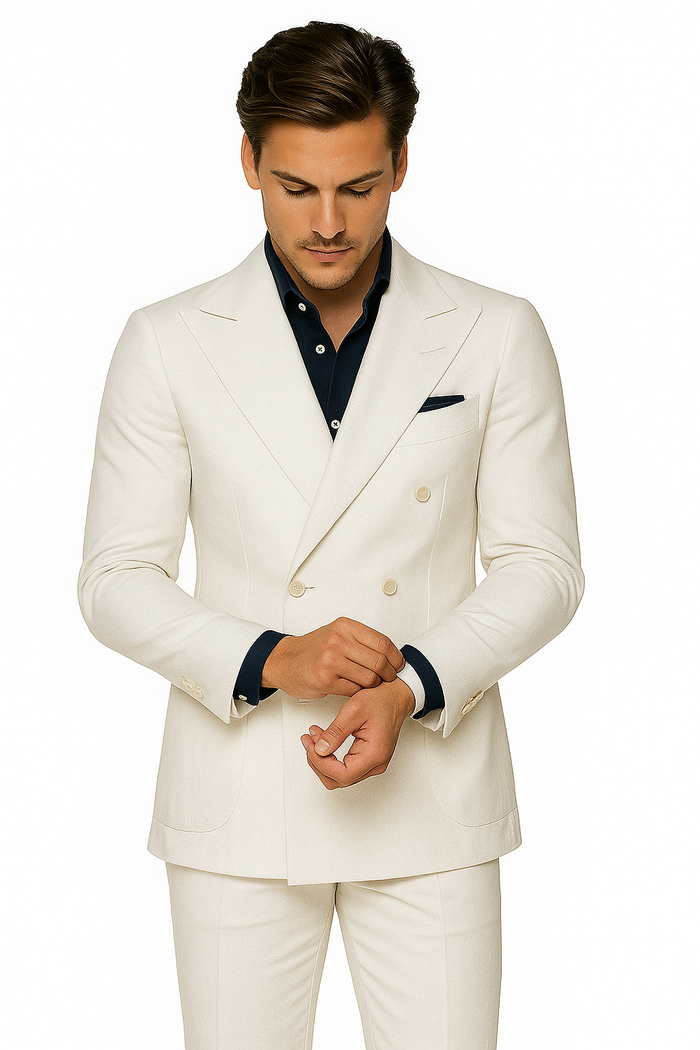 White Linen Double Breasted Suit, 4 Button
