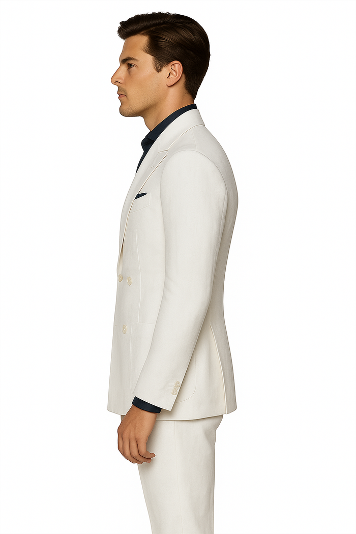 White Linen Double Breasted Suit, 4 Button