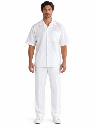 Mens White Linen Shirt and Pants Casual Outfit Set