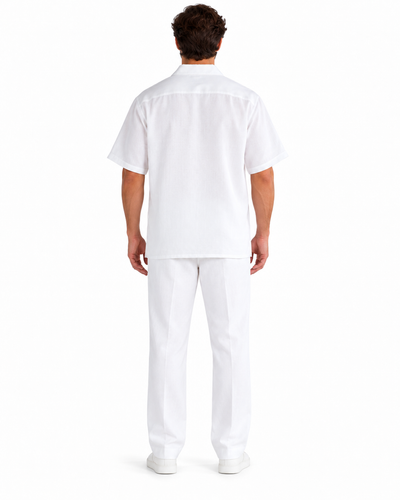 Mens White Linen Shirt and Pants Casual Outfit Set