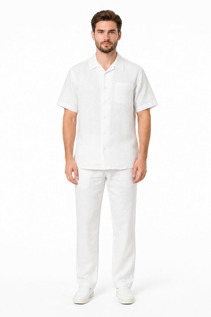 Men's Two Piece Shirt And White Casual Set Walking Leisure Suit - Mens Linen Suit