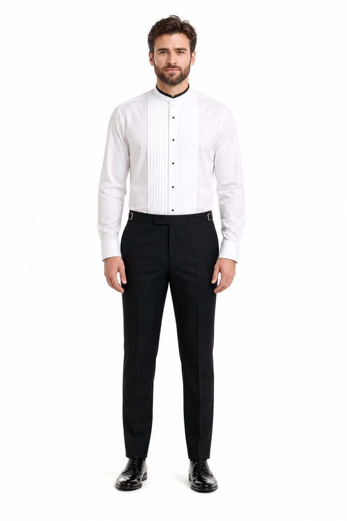 Black Banded Pleat Front Mandarin Shirt - White