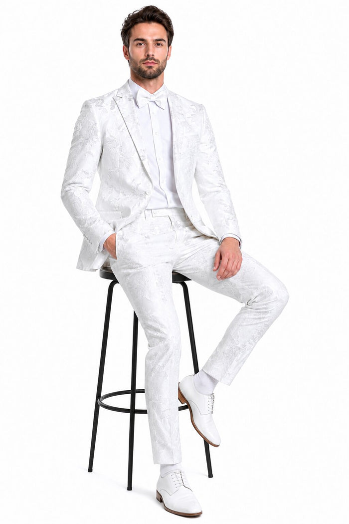 Paisley Suits - Wedding Tuxedo - Groom White Suit + Matching Bowtie