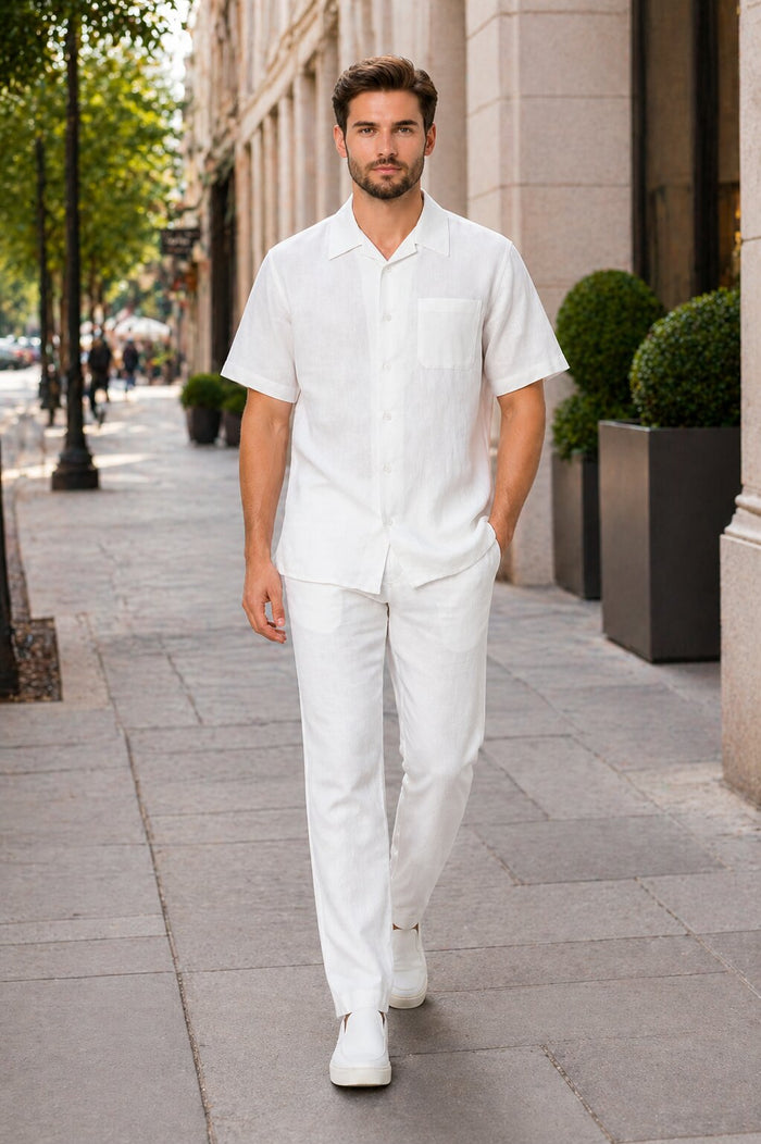 Men's Two Piece Shirt And White Casual Set Walking Leisure Suit - Mens Linen Suit