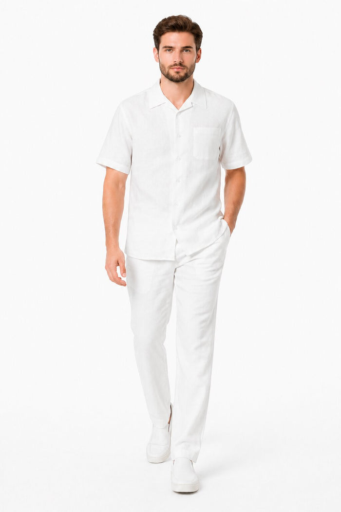 Men's Two Piece Shirt And White Casual Set Walking Leisure Suit - Mens Linen Suit