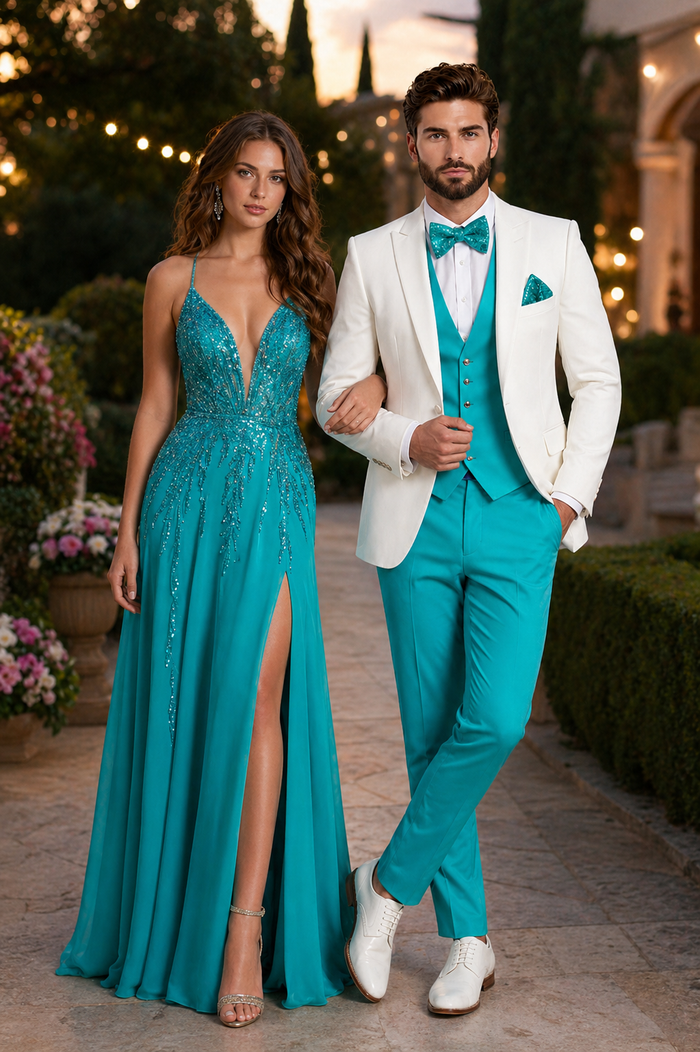 White & Turquoise Tuxedo Wedding Set